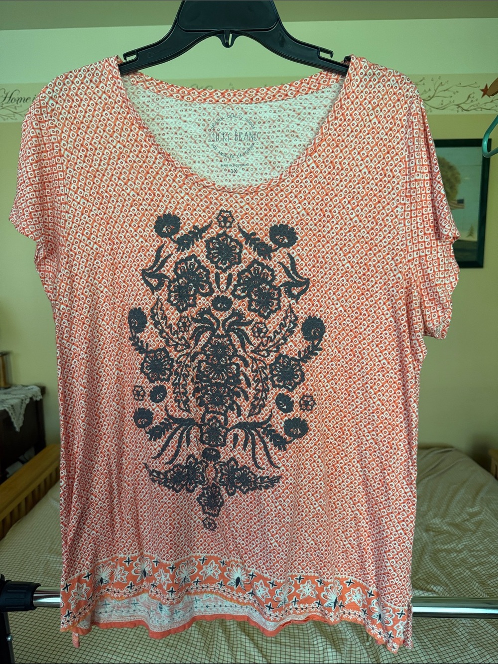 Lucky Brand Coral Short-Sleeve Tee with Black Medallion Motif